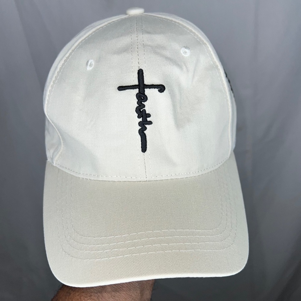 Faith Cross Embroidered Baseball Cap Off White Cream Adjustable Dad Hat Mens